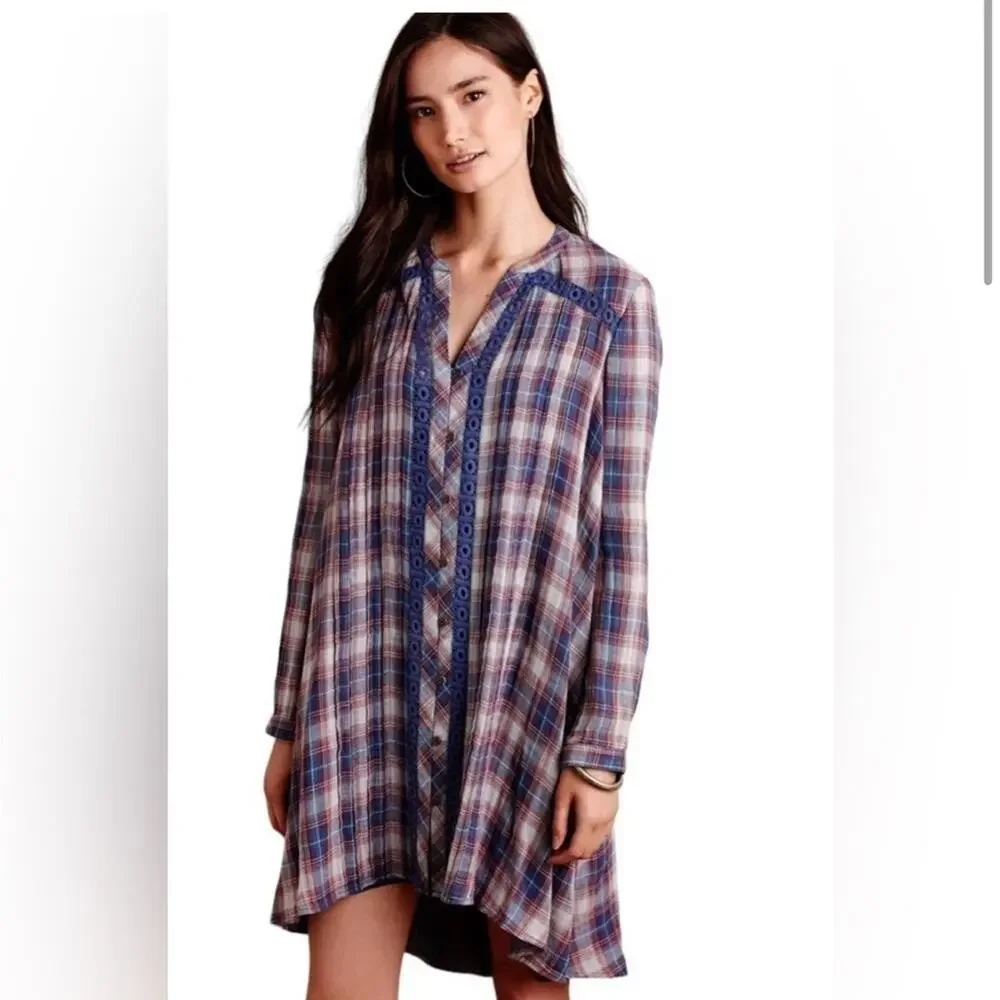 Anthropologie Holding Horses Anita Western blue red plaid dress size Small